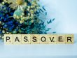 A close-up Scrabble tiles that spell out Passover against a blue backdrop. Dried baby’s breath flowers sit behind the Scrabble tiles