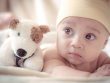 A close-up of a baby lying on their chest. They’re wearing a yellow hat with a white dog plushie to their right